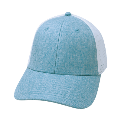 Blank 6 Panel hat — Shallow Fit, Pony Tail, Baby Blue / White, Laser Mesh