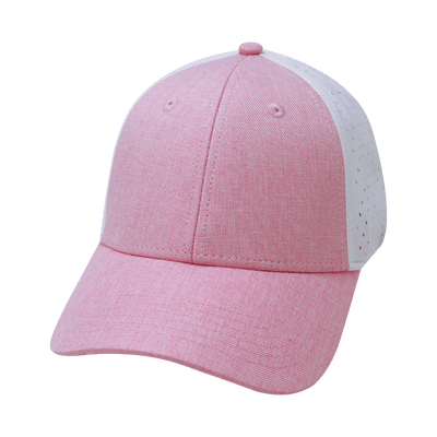 Blank 6 Panel hat — Shallow Fit, Pony Tail, Pink / White, Laser Mesh
