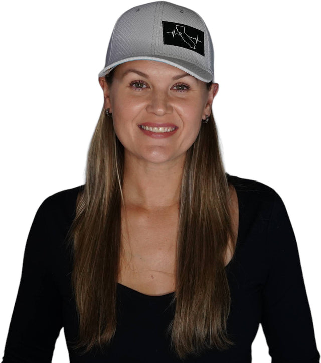 California Hat, Athletiic Fit, Airmesh, Snapback Hat, Gray, Mens Hat, Womens Hat, Woman In Hat Picture