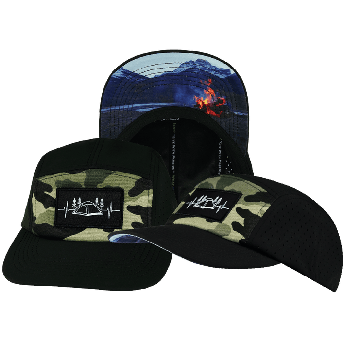 Camping Hat — 5 Panel, Black / Green Camo, Laser Mesh