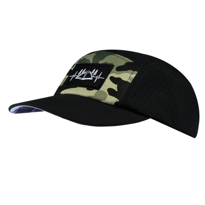 Camping Hat, 5 Panel Hat, Snapback, Black, Green Camo, Mens Hat, Womens Hat, Side Picture