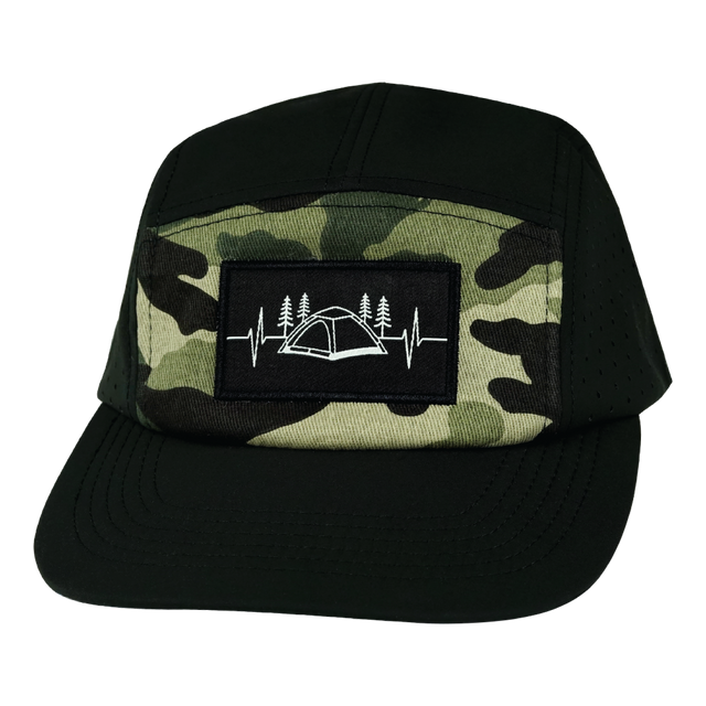 Camping Hat, 5 Panel Hat, Snapback, Black, Green Camo, Mens Hat, Womens Hat, Front Picture