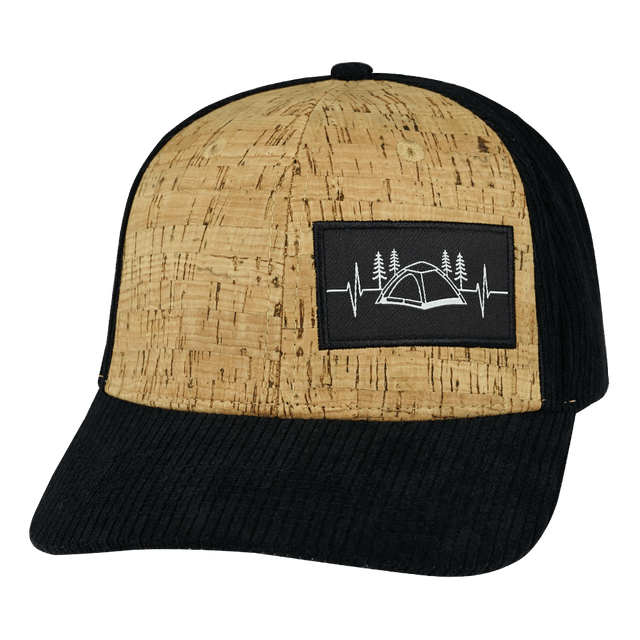 Camping Hat, Baseball Hat, Snapback Hat, Cork, Black, Mens Hat, Womens Hat, Front Picture