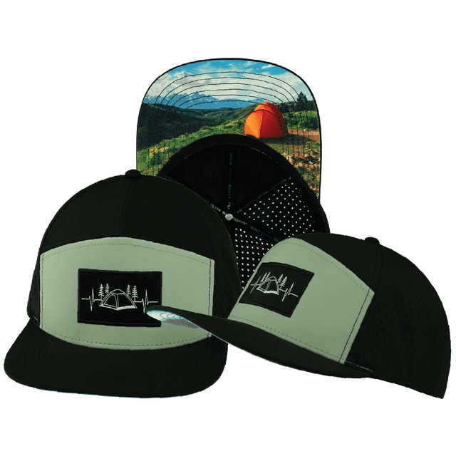 Camping Hat, Flat Bill, Snapback Hat, Black, Sage, Mens Hat, Womens Hat, Main Picture