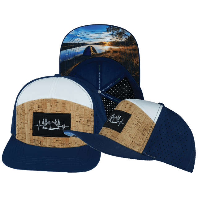 Camping Hat, Flat Bill, Snapback Hat, Cork, Navy, White, Mens Hat, Womens Hat, Main Picture
