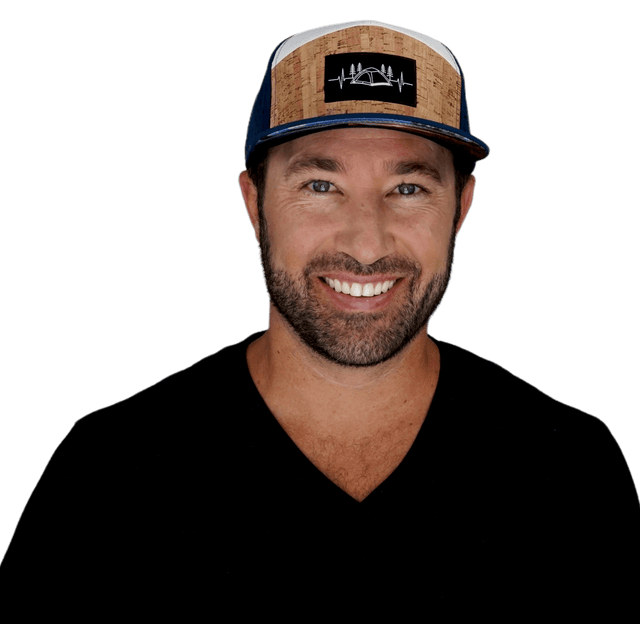 Camping Hat, Flat Bill, Snapback Hat, Cork, Navy, White, Mens Hat, Womens Hat, Man in Hat Picture