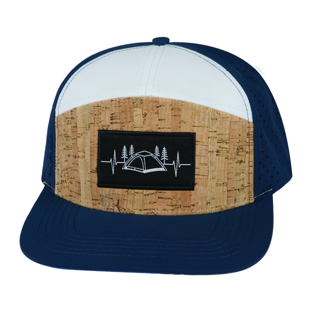 Camping Hat, Flat Bill, Snapback Hat, Cork, Navy, White, Mens Hat, Womens Hat, Front Picture