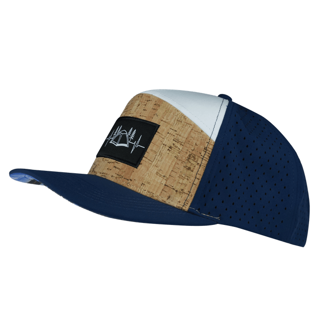 Camping Hat, Flat Bill, Snapback Hat, Cork, Navy, White, Mens Hat, Womens Hat, Side Picture