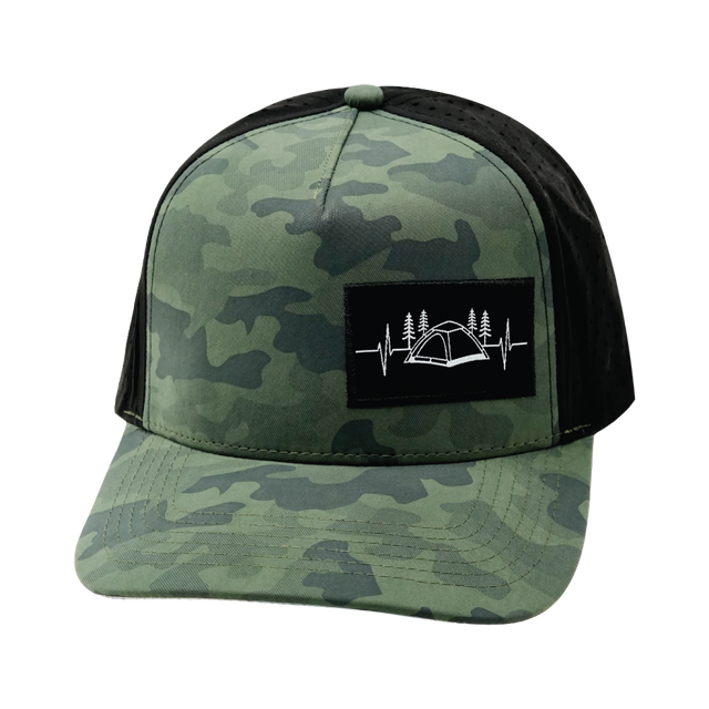 Camping Hat, Trucker Hat, Snapback Hat, Soft Teal Camo, Black, Mens Hat, Womens Hat, Front Picture
