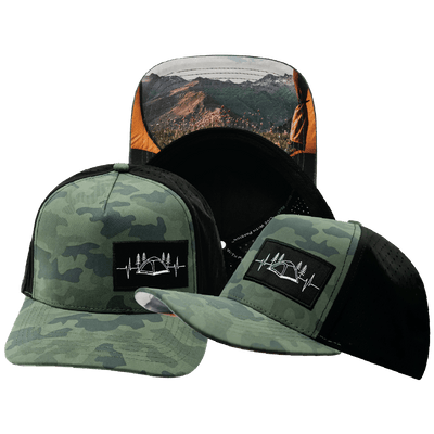 Camping Hat Trucker Hat — Soft Teal Camo / Black, Laser Mesh
