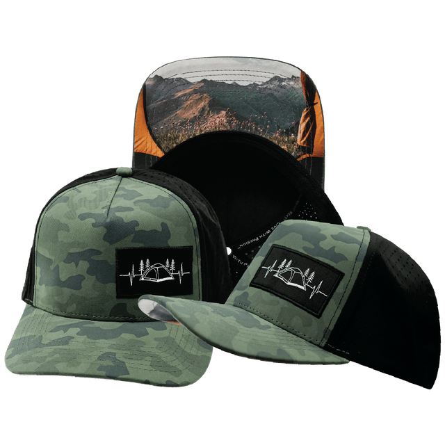 Camping Hat, Trucker Hat, Snapback Hat, Soft Teal Camo, Black, Mens Hat, Womens Hat, Main Picture