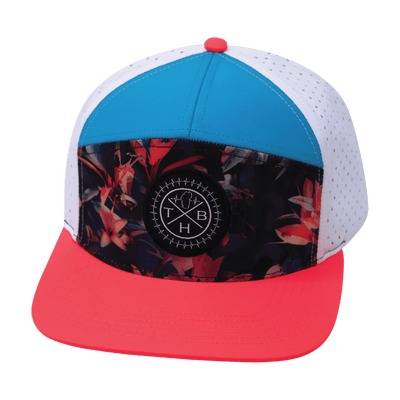 Color Vibes Hat, Flat Bill, Snapback Hat, Electric Eden, Neon Peach, Neon Blue, White, Mens Hat, Womens Hat, Front Picture