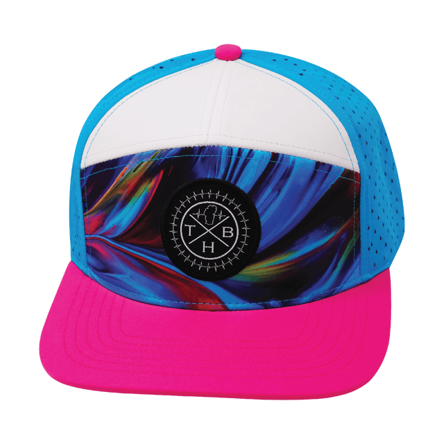 Color Vibes Hat, Flat Bill, Snapback Hat, Feather Glow, Neon Pink, White, Neon Blue, Mens Hat, Womens Hat, Front Picture