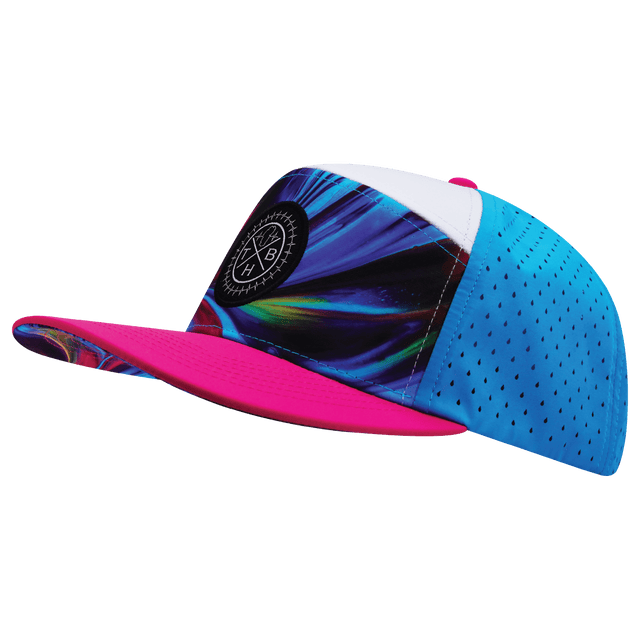Color Vibes Hat, Flat Bill, Snapback Hat, Feather Glow, Neon Pink, White, Neon Blue, Mens Hat, Womens Hat, Side Picture