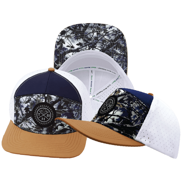 Color Vibes Hat, Flat Bill, Snapback Hat, Evenings Leaves, Light Tan, Navy, White, Mens Hat, Womens Hat, Main Picture