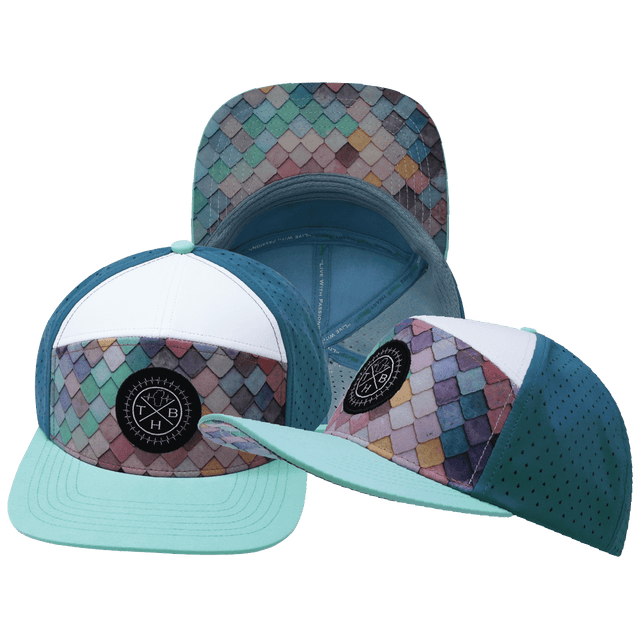 Color Vibes Hat, Flat Bill, Snapback Hat, Mosaic Scales, Mint, White, Slate Blue, Mens Hat, Womens Hat, Main Picture