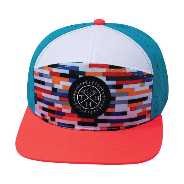 Color Vibes Hat, Flat Bill, Snapback Hat, Party Blocks, Neon Peach, White, Neon Blue, Mens Hat, Womens Hat, Front Picture