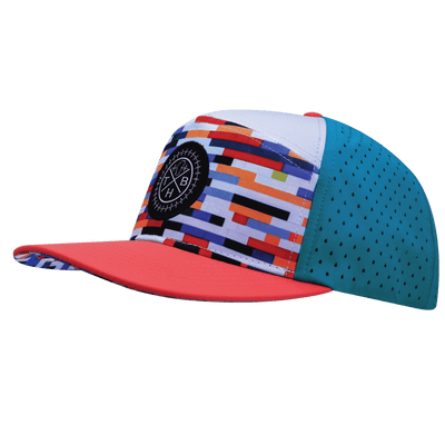 Color Vibes Hat, Flat Bill, Snapback Hat, Party Blocks, Neon Peach, White, Neon Blue, Mens Hat, Womens Hat, Side Picture