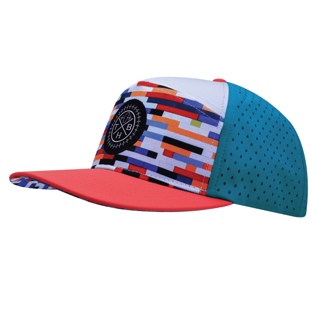 Color Vibes Hat, Flat Bill, Snapback Hat, Party Blocks, Neon Peach, White, Neon Blue, Mens Hat, Womens Hat, Side Picture