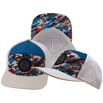 **ADULT** Color Vibes Hat — Flat Bill, Party Camo, Cream / Blue / White, Laser Mesh