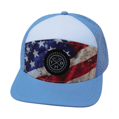 Color Vibes Hat, Flat Bill, Snapback Hat, Rugged Flag, Baby Blue, White, Mens Hat, Womens Hat, Front Picture