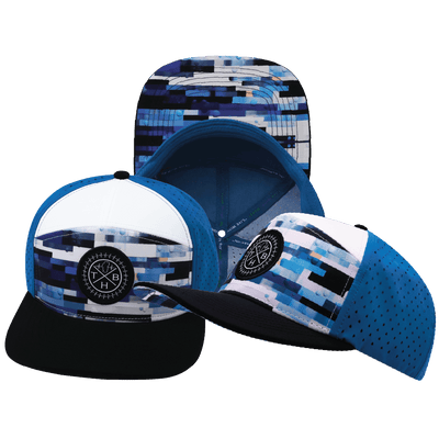 **ADULT** Color Vibes Hat — Flat Bill, Sky Blocks, Black / White / Blue, Laser Mesh