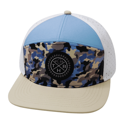 Color Vibes Hat, Flat Bill, Snapback Hat, Sky Camo, Cream, Baby Blue, White, Mens Hat, Womens Hat, Front Picture