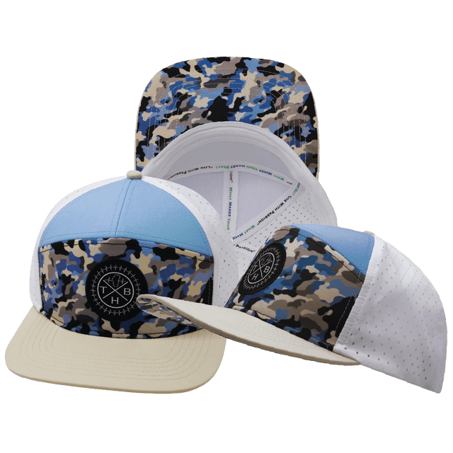 Color Vibes Hat, Flat Bill, Snapback Hat, Sky Camo, Cream, Baby Blue, White, Mens Hat, Womens Hat, Main Picture