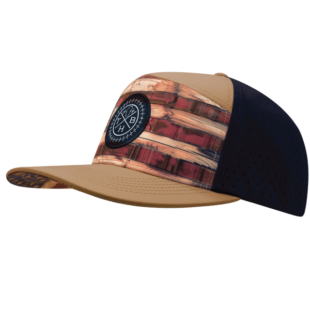 Color Vibes Hat, Flat Bill, Snapback Hat, Stained Flag, Light Tan, Navy, Mens Hat, Womens Hat, Side Picture