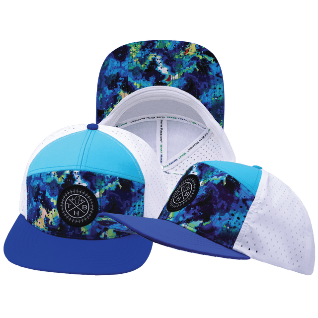 Color Vibes Hat, Flat Bill, Snapback Hat, Starry Bright, Blue, Neon Green Blue, White, Mens Hat, Womens Hat, Main Picture