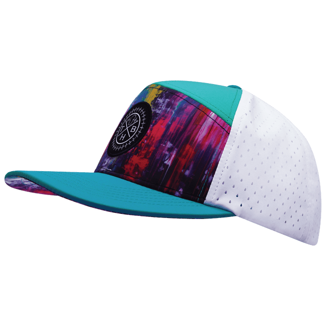 Color Vibes Hat, Flat Bill, Snapback Hat, Street Art, Neon Blue, Neon Green Blue, White, Mens Hat, Womens Hat, Side Picture