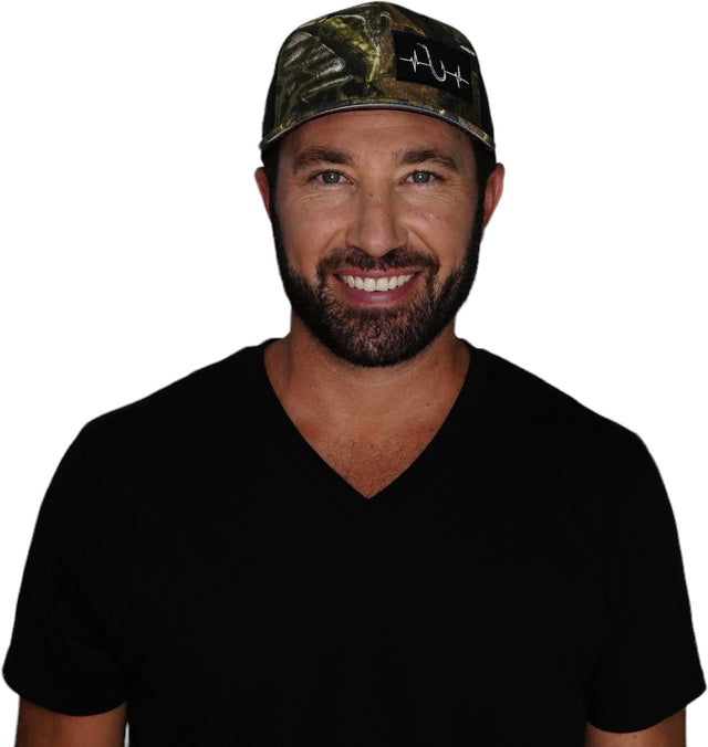 Fishing Hat, Baseball Hat, Snapback Hat, Tan Tree Camo, Black, Mens Hat, Womens Hat, Man in Hat Picture