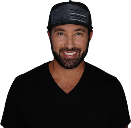 Flag Hat, Flat Bill, Snapback Hat, Black, Ocean Blue, Mens Hat, Womens Hat, Man in Hat Picture