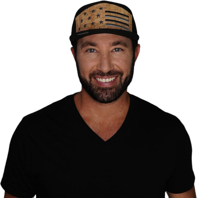 Flag Hat, Flat Bill, Snapback Hat, Cork, Black, Mens Hat, Womens Hat, Man in Hat Picture