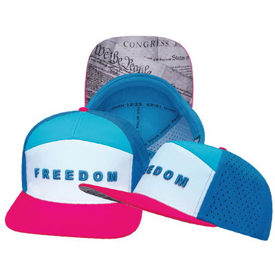 Freedom Hat, Flat Bill, Snapback Hat, Neon Pink, White, Neon Blue, Slate Blue, Mens Hat, Womens Hat, Main Picture