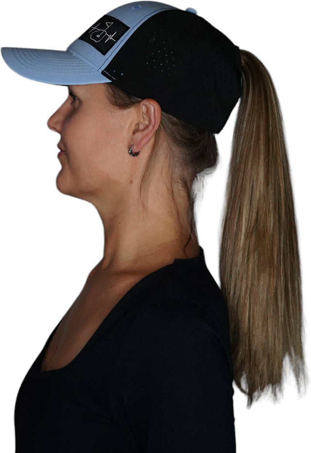 Golf Hat, Low Profile, Ponytail, Snapback Hat, Baby Blue, Black, Mens Hat, Womens Hat, Side Woman In Hat Picture