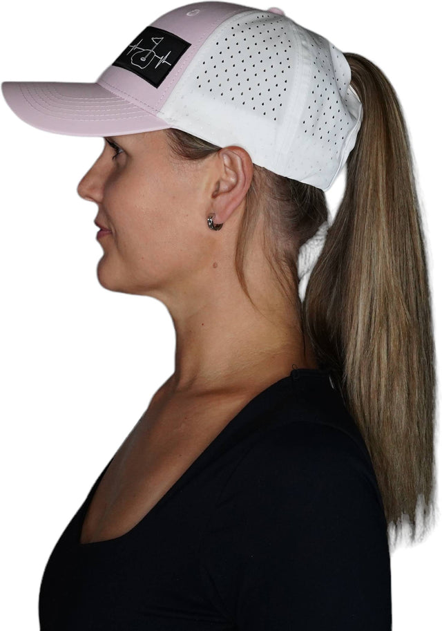 Golf Hat, Low Profile, Ponytail, Snapback Hat, Light Pink, White, Mens Hat, Womens Hat, Side Woman In Hat Picture