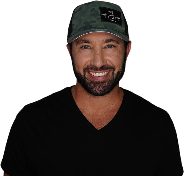 Golf Hat, Trucker Hat, Snapback Hat, Teal Camo, Black, Mens Hat, Womens Hat, Man in Hat Picture