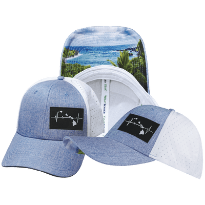 Hawaii Hat — Low Profile, Ponytail, Light Blue / White, Laser Mesh