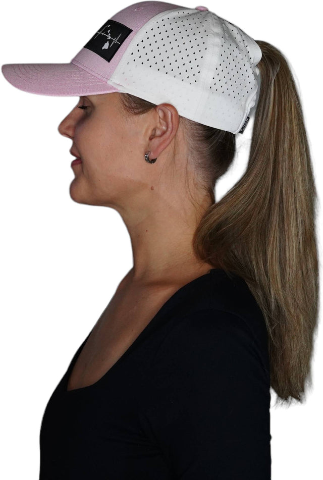 Hawaii Hat, Low Profile, Ponytail, Snapback Hat, Pink, White, Mens Hat, Womens Hat, Side Woman In Hat Picture