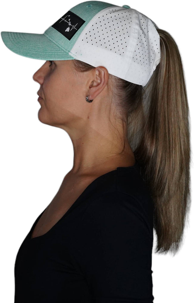 Hawaii Hat, Low Profile, Ponytail, Snapback Hat, Teal, White, Mens Hat, Womens Hat, Side Woman In Hat Picture