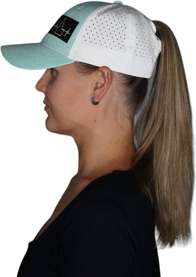Idaho Hat, Low Profile, Ponytail, Snapback Hat, Teal, White, Mens Hat, Womens Hat, Side Woman In Hat Picture