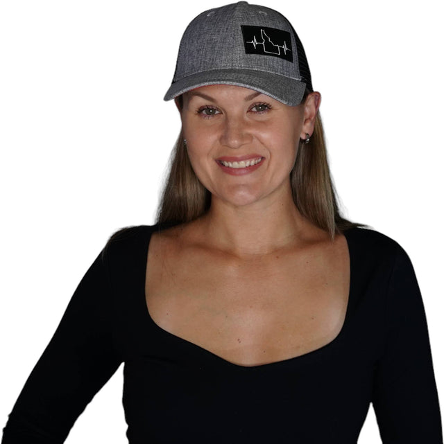 Idaho Hat, Low Profile, Snapback Hat, Heather Gray, Black, Mens Hat, Womens Hat, Woman In Hat Picture