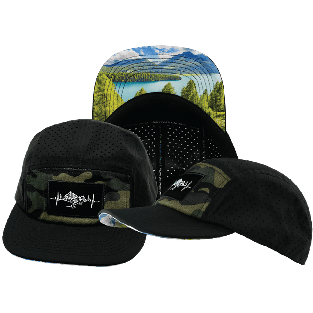 Mountains Hat, 5 Panel Hat, Snapback, Black, Green Camo, Mens Hat, Womens Hat, Main Picture