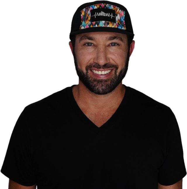 Mountains Hat, 5 Panel Hat, Snapback, Colored Peaks, Black, Mens Hat, Womens Hat, Man In Hat Picture