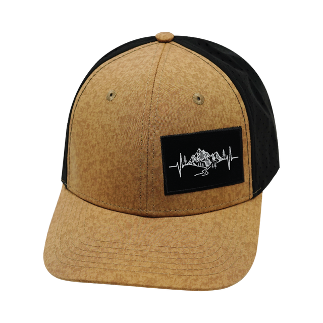 Mountains Hat, Baseball Hat, Snapback Hat, Tan Textured, Black, Mens Hat, Womens Hat, Front Picture