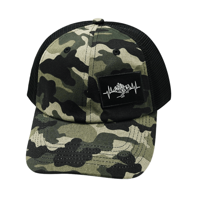 Mountains Hat, Dad Hat, Snapback, Camo, Black, Mens Hat, Womens Hat, Front Picture