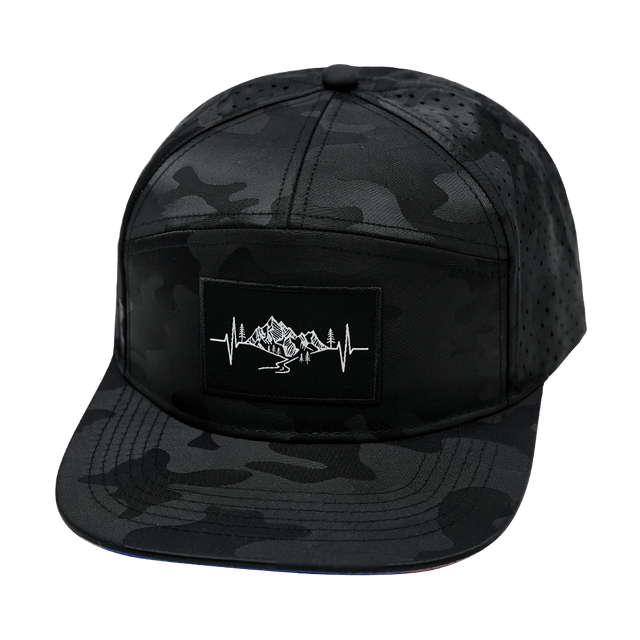 Mountains Hat, Flat Bill, Snapback Hat, Black Camo, Mens Hat, Womens Hat, Front Picture