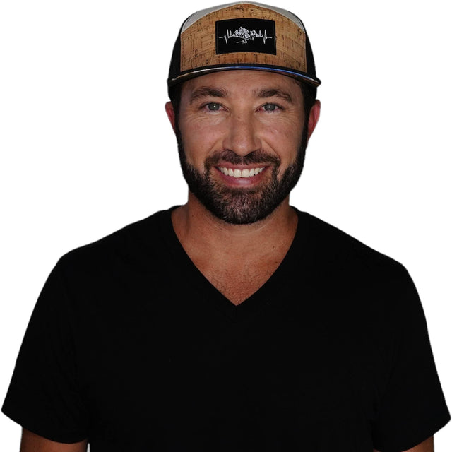 Mountains Hat, Flat Bill, Snapback Hat, Cork, Black, Cream, Mens Hat, Womens Hat, Man in Hat Picture
