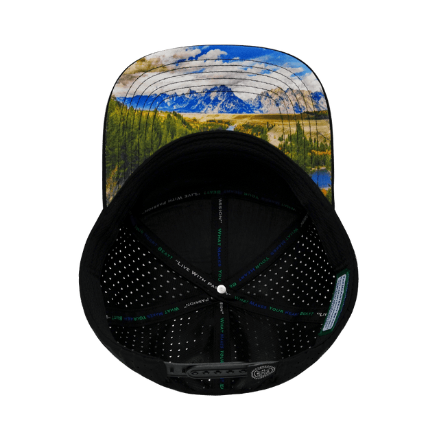 Mountains Hat, Flat Bill, Snapback Hat, Cork, Black, Cream, Mens Hat, Womens Hat, Underbill Picture